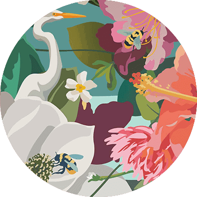 The wallpaper by CS & Co features a white heron surrounded by vibrant flowers and leaves. Notable elements include two bees, one near a pink blossom and another on a white flower with a yellow center. The background consists of shades of blue and green, contributing to a tropical vibe. Highlighted colors are: white, pink, yellow, blue, green. Key elements are: heron, flowers, leaves, bees.