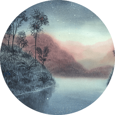 The wallpaper by CS & Co features a serene, circular landscape with misty hills at dawn. Key elements include:

- Soft pinkish haze over hills
- Calm reflecting waters
- Tall, slender trees
- Lush vegetation
- Peaceful, dreamy scene with soft light

Colors: pink, green, blue-gray.
