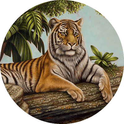 A tiger rests on a textured branch, front paw dangling. Background: lush green tropical foliage, palm leaves, bright plants. Natural and serene setting. Key elements: tiger on branch, green foliage, palm leaves, vibrant plants.
