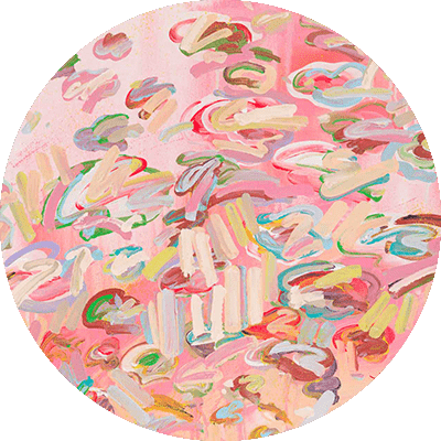 A vibrant circular abstract wallpaper by CS & Co featuring pink, peach, cream tones with hints of blue and green. Swirling and brushstroke patterns create a dynamic visual effect.