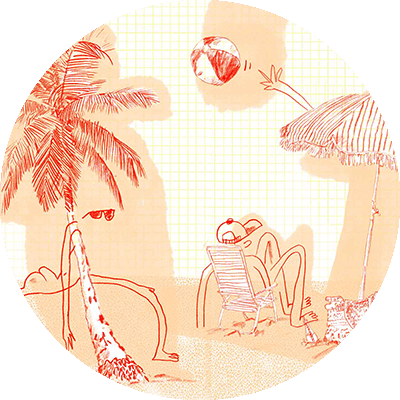 Whimsical sketch of lounging stick figures with elongated limbs under palm trees and an umbrella at the beach. Red figures on a beige backdrop, featuring a figure in a beach chair and another throwing a beach ball.