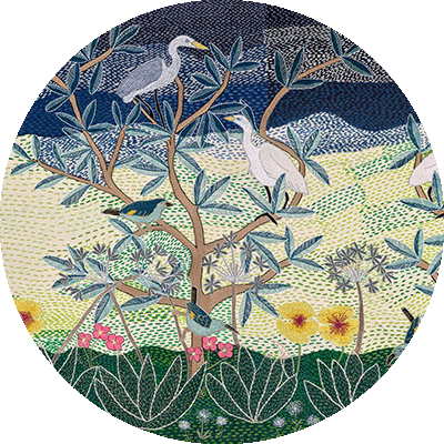 The wallpaper features a detailed circular illustration depicting three large birds perched on tree branches and a small bird below. The background is adorned with lush green foliage, vibrant colorful flowers in shades of red, blue, and yellow, and abstract patterns resembling a night sky with deep blues and purples. This natural scene beautifully tells the story of home through its intricate and vivid design elements.