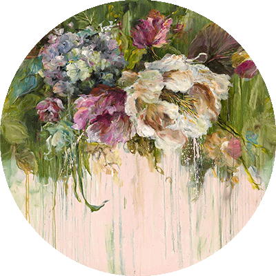 Abstract floral bouquet wallpaper by CS Co: vibrant, circular design featuring roses and peonies in pastel tones. Flowers appear to drip and blend into a light green and pink background, creating a whimsical, dream-like effect.