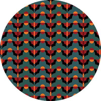 Wallpaper features: repeating geometric pattern, semicircles, dark blue, orange, black arches, red background, symmetrical grid design.