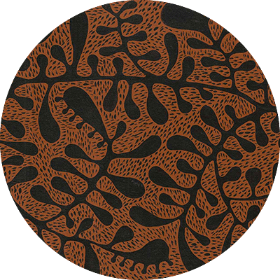 Abstract artwork on wallpaper features intricate black patterns resembling branches or tendrils set against a textured brown background. The design is characterized by flowing, organic motifs that create a striking contrast with the earthy base, offering a dynamic and natural aesthetic.