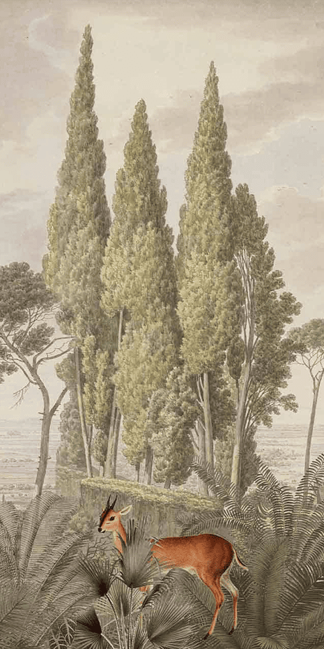 Wallpaper features:
- Small antelope: delicate illustration, standing among lush green plants
- Foreground: lush green plants
- Background: towering evergreen trees, dense foliage
- Sky: partly cloudy
- Colors: soft browns (antelope), rich greens (plants and trees), hints of blue and white (sky)
- Scene: serene, natural landscape