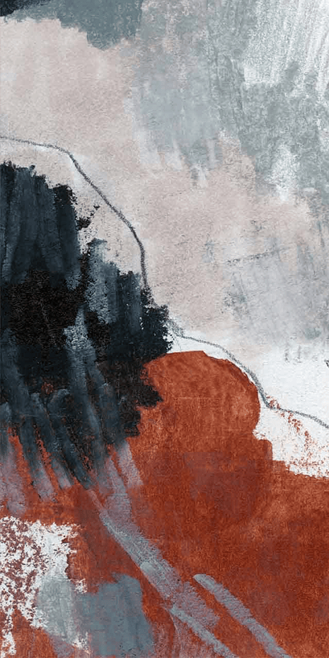 Abstract wallpaper featuring deep black brush strokes, rusty reds, and light grays creating a layered effect. Pale gray and white areas provide the backdrop with soft, wispy lines adding depth and complexity.