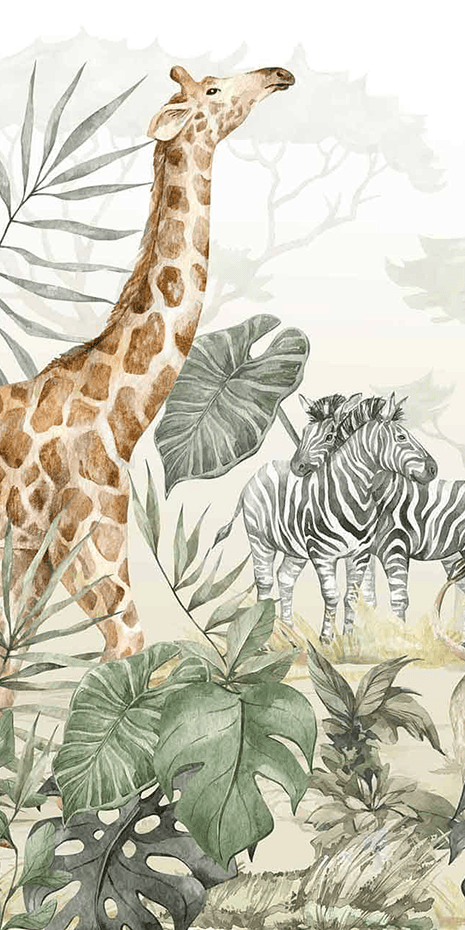 Wallpaper Illustration: A giraffe stands tall on the left amidst large tropical leaves and lush plants in shades of green. To the right, two zebras are partially hidden by vibrant foliage. The background subtly outlines trees in soft, muted tones. The colors include earthy browns for the giraffe, black and white stripes on zebras, deep greens for leaves, and gentle greys for tree outlines.