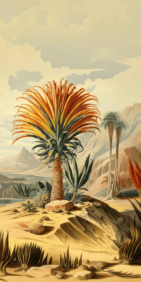 Colorful botanical illustration, vibrant palm, large spiky red leaves, yellow leaves, desert landscape wallpaper. Rugged rocks, smaller desert plants, distant mountains, cloudy sky elements. Rich colors: reds, yellows, earth tones.