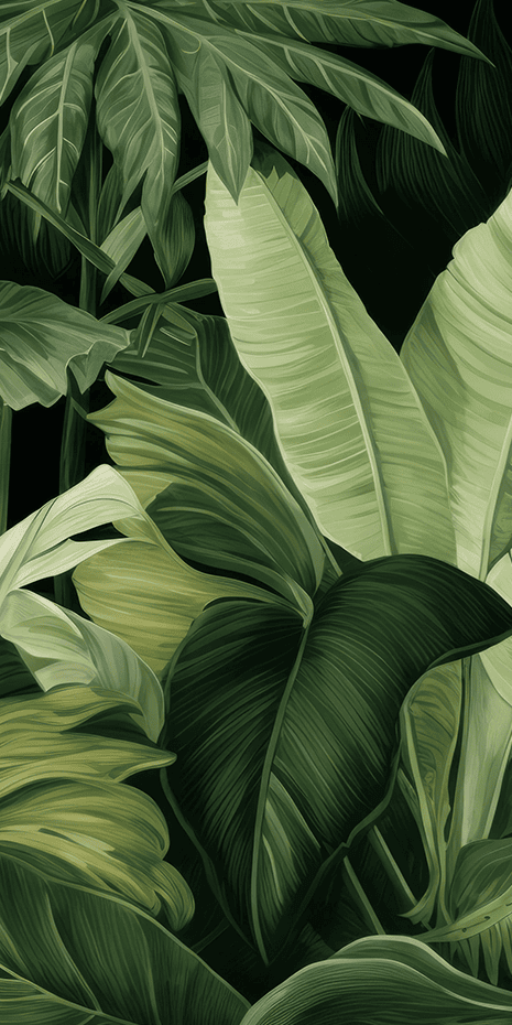 An illustration featuring various large tropical leaves in vivid shades of green. The richly detailed leaves are intricately layered, creating a dense and lush appearance. Expect to see a spectrum of greens from deep emerald to vibrant lime, with textures capturing the veins and edges of each leaf. The wallpaper design emphasizes the natural beauty and diversity of tropical foliage for an immersive botanical experience.
