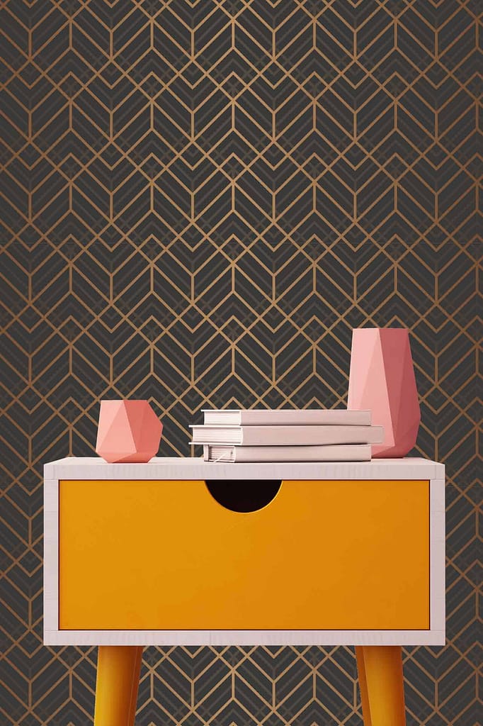 The wallpaper features intricate golden geometric patterns set against a dark background.
