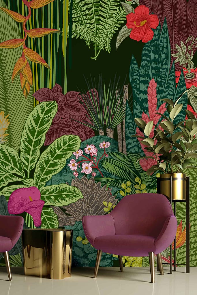 The wallpaper features colorful tropical plant illustrations with vibrant large green leaves, and flowers in striking shades of red, pink, and orange. This lively design captures the essence of Sweet Pea and Me's inspiration.
