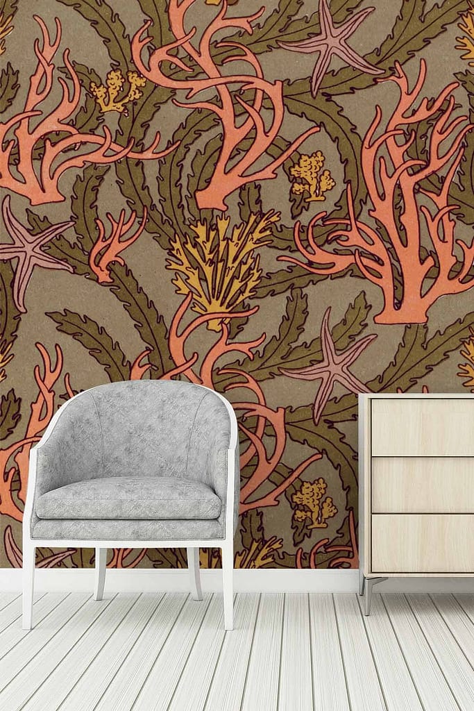 Colorful, intricate botanical-patterned wallpaper featuring leaves and coral-like designs in shades of pink, orange, and yellow.
