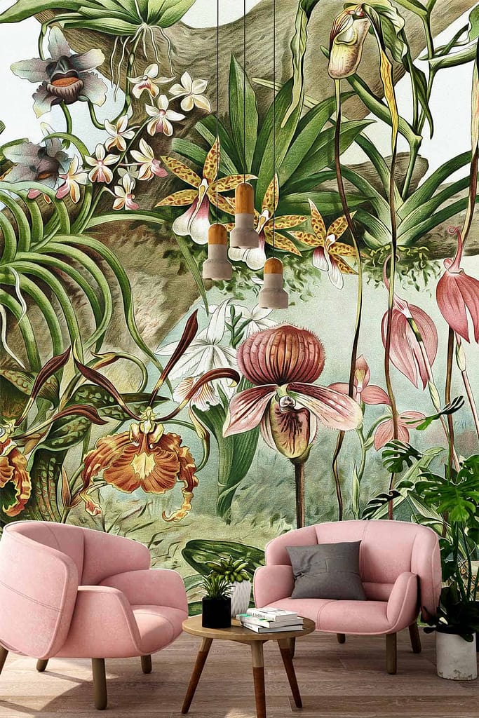Botanical wall mural with orchids, vibrant tropical theme, exotic plants, lush greenery, pink flowers, white orchids, vivid blues and greens.