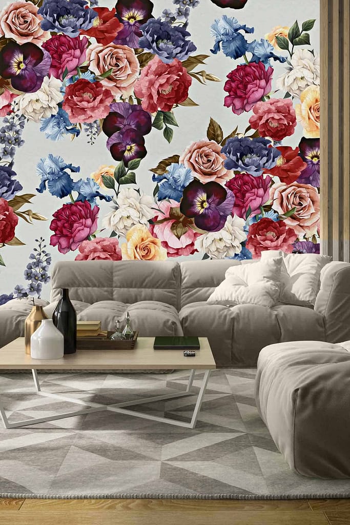 The wallpaper features a vibrant floral pattern with an array of colorful flowers, showcasing hues like red, pink, yellow, and blue.