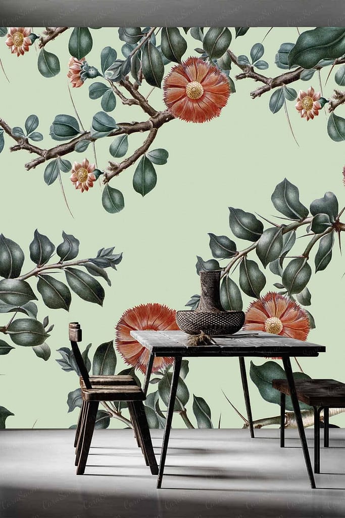 The wallpaper features a botanical design with large red flowers and green leaves on a pastel green background. Key elements include the red flowers and the lush green leaves, blending nature with elegance.