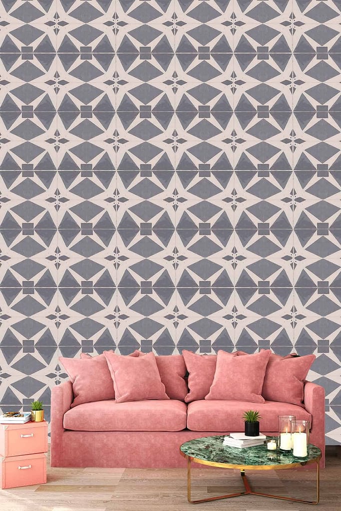 The wallpaper features a blue and white geometric pattern.