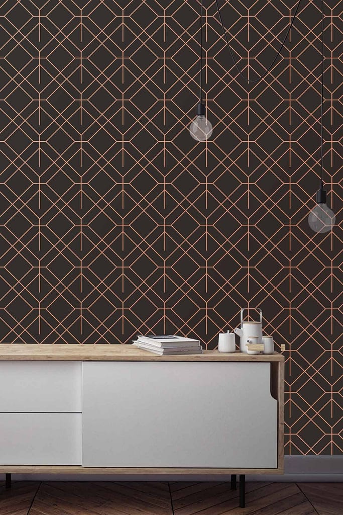 Dark geometric-patterned wallpaper with intricate designs, featuring shades of deep navy, charcoal, and hints of gold. The pattern includes interlocking shapes and sharp lines for a modern and sophisticated look.