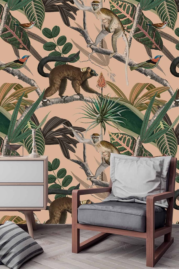 Vibrant mural with monkeys, lemurs, birds, and lush tropical plants. Detailed, illustrative style. Earthy color scheme with green, brown, and tan hues.
