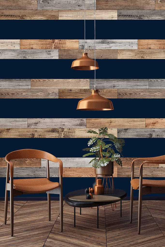 The wallpaper features alternating wood and dark blue horizontal stripes.