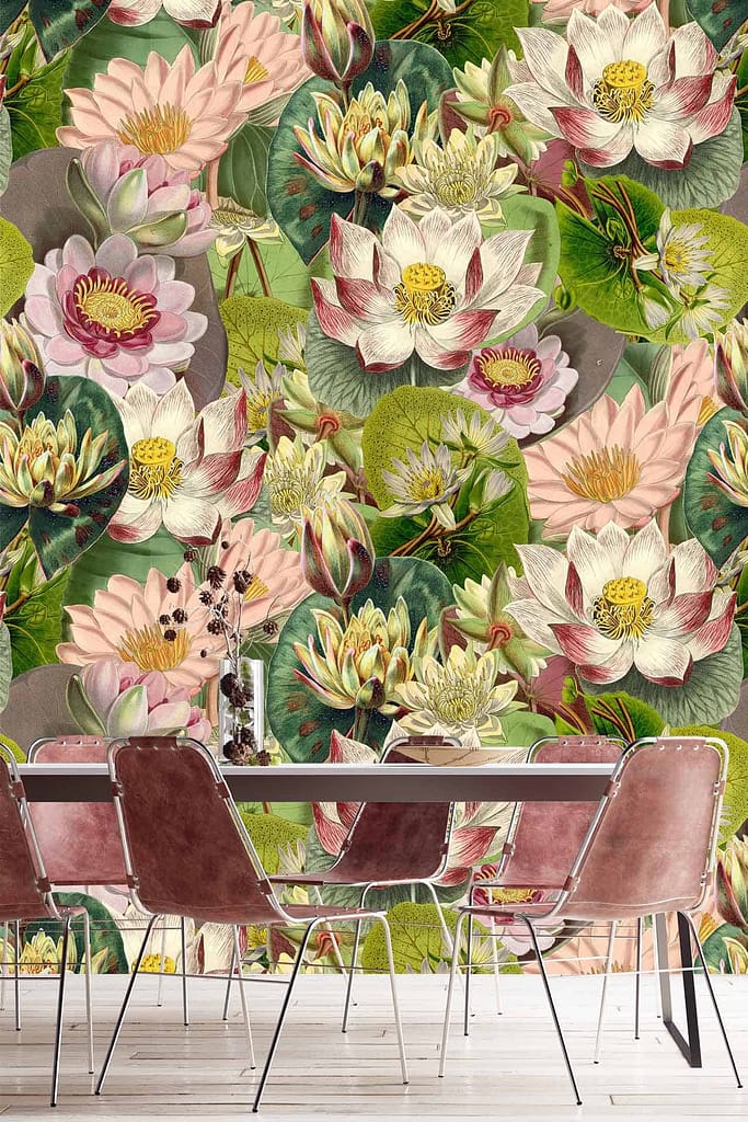 A vibrant floral wallpaper featuring blooming lotus flowers in shades of pink, white, and yellow with large green leaves.