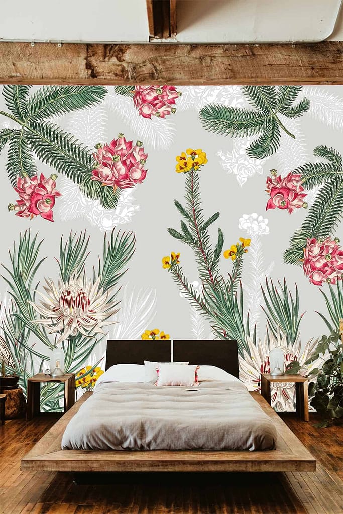 Vivid botanical mural featuring green leaves, pink flowers, and yellow flowers.