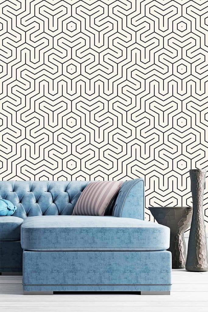 The wallpaper features a black and white geometric pattern with interconnected shapes and small hexagons, reminiscent of "No Way Out" art.