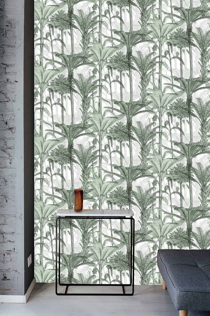 The wallpaper features a lively green and white botanical pattern with elegant palm tree designs, accentuating vibrant green leaves against a crisp white background.