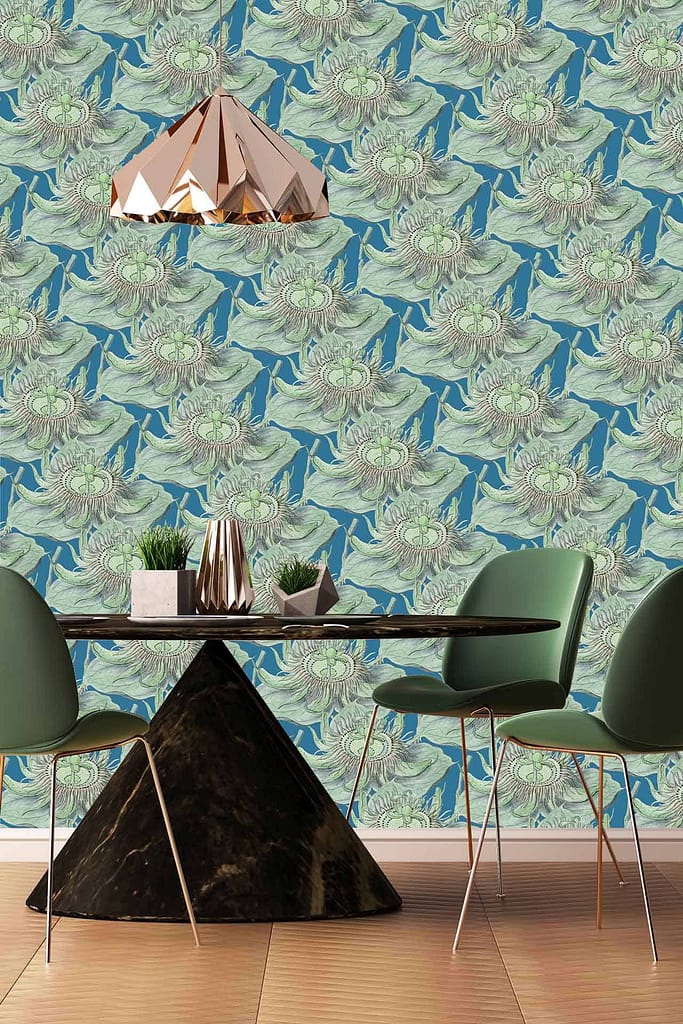 Bold teal and green floral-patterned wallpaper: featuring vibrant teal hues, intricate green leaves, and striking floral designs.