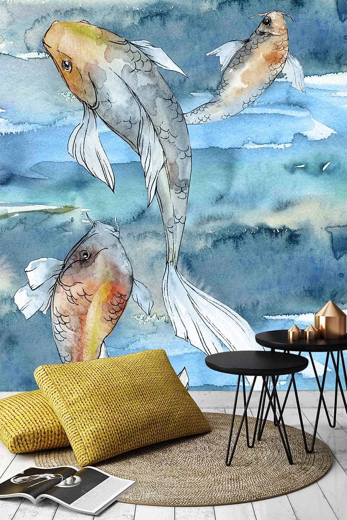 Three koi fish mural: three vibrant koi fish, swimming in various directions. Set against a blue, watercolor-style background. The scene is serene and flowing with hues of orange, white, and black on the koi. A nature-inspired, tranquil ambiance designed to evoke the serenity of a peaceful pond.