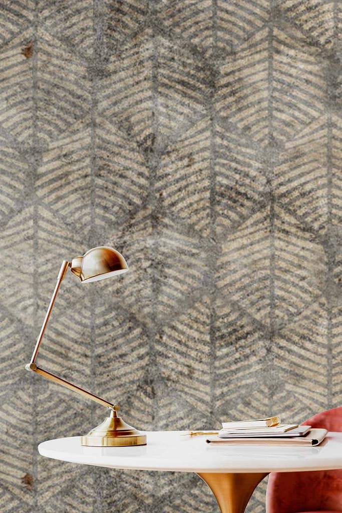 The wallpaper features a textured, geometric leaf-pattern in shades of gray and beige.