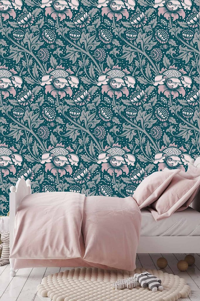 Teal and white floral wallpaper