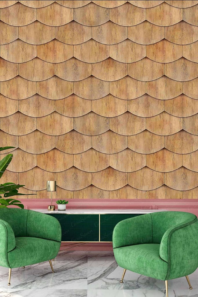 Presenting a striking interior with a backdrop featuring wooden fish scale pattern wall tiles. The wallpaper shimmers in polished wood tones, creating an inviting warmth. Each tile seems to wing outwards, casting delicate shadows that evoke the fluidity of underwater scenes. The rich, natural hues of the tiles harmonize seamlessly with the room's furnishings while forming an intricate canvas that adds depth and texture to the space.