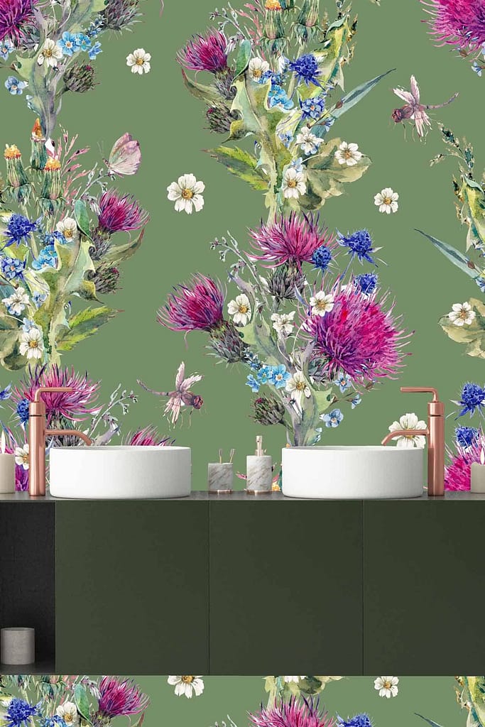 Vibrant floral wallpaper, bright pink flowers, white blossoms, blue cornflowers, century-old charm.