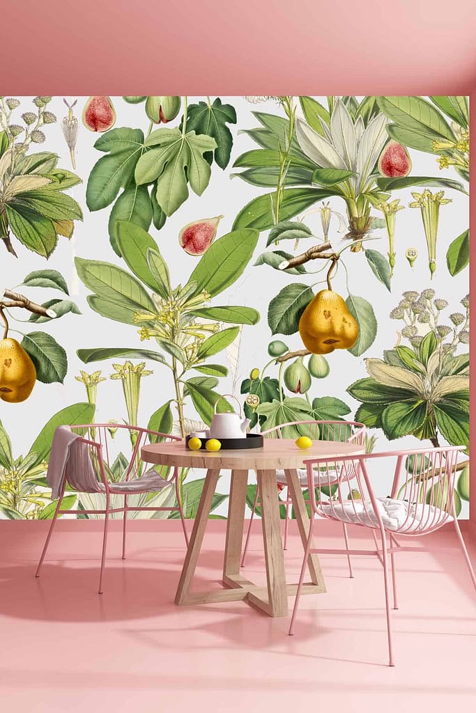 Vibrant botanical mural featuring illustrations of leaves, flowers, and fruits in green and yellow tones reminiscent of the Garden of Adam.