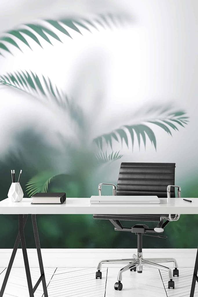Wallpaper elements: large-scale image of green palm leaves, blurred effect, glass backdrop. Colors: various shades of green (leaf details), light and dark contrasts, subtle reflections on glass. Fresh and contemporary ambiance.
