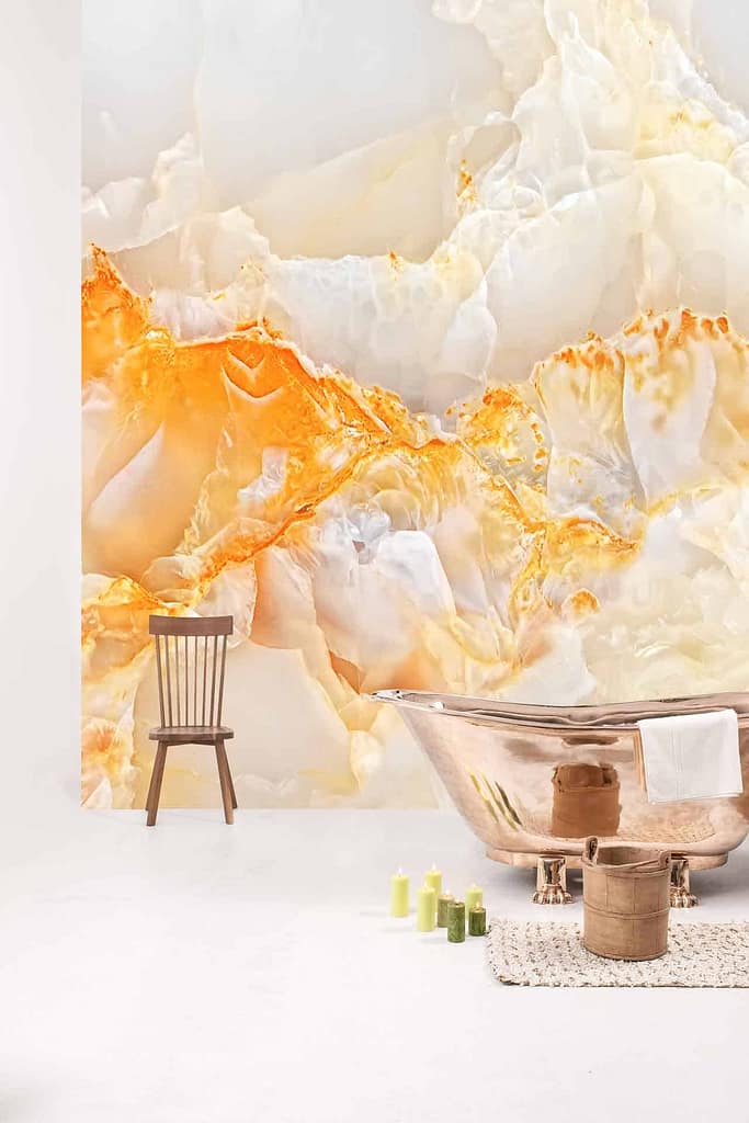 The wallpaper is an onyx-like mural featuring intricate patterns with hues of white, yellow, and amber stone colors.