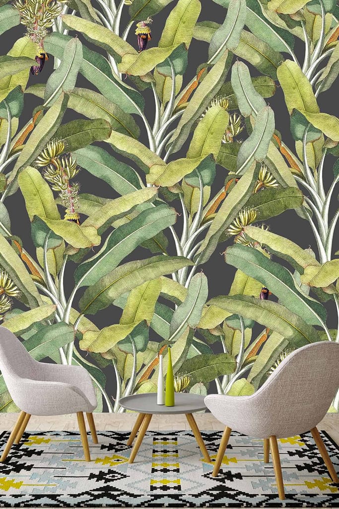 Modern leaf-patterned wallpaper, various green shades, yellow flowers, purple flowers, dark background.