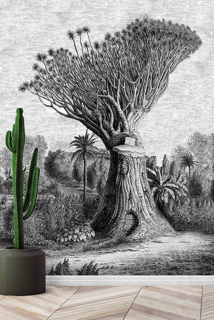 Wallpaper features a large detailed drawing of a unique, gnarled baobab tree with twisted branches. The tree's intricate textures include shades of dark brown and deep green. Background colors are muted earth tones, creating a natural contrast against the striking baobab design.
