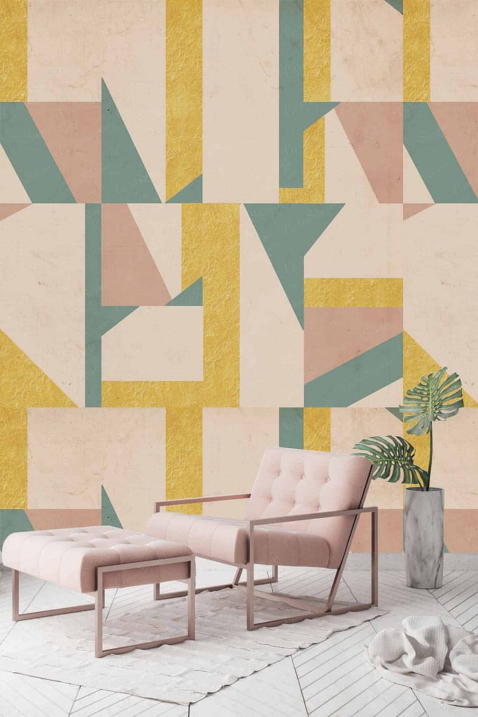 The wallpaper features a geometric pattern in pastel hues of pink, mustard yellow, and teal.