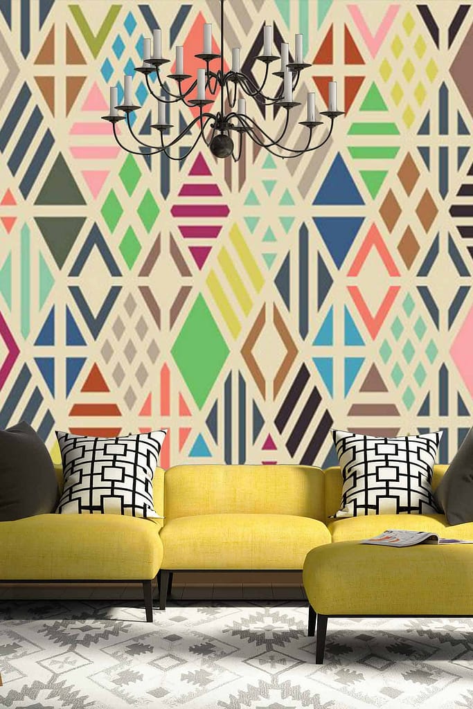 The wallpaper features a bold multicolored geometric pattern with vibrant hues like red, blue, yellow, green, and purple. The design includes sharp angles and intersecting shapes that evoke a futuristic Blade Runner-esque vibe.