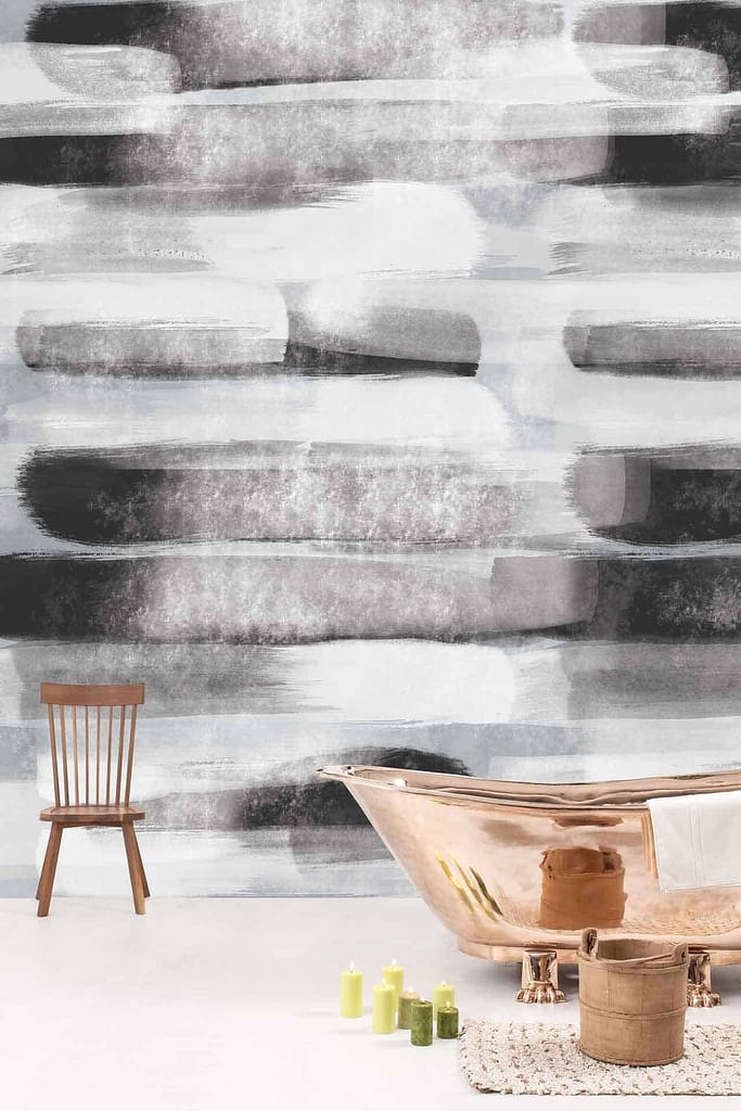 The wallpaper is an abstract, monochromatic mural featuring shades of black, gray, and white. Blurred lines create a sense of depth throughout the design.