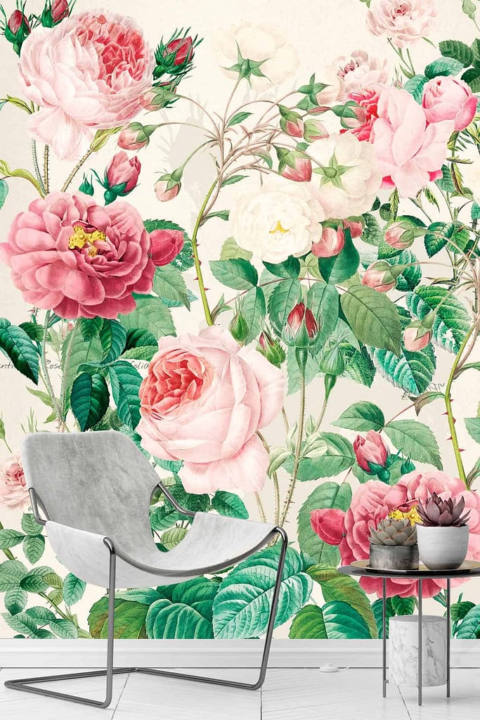 Vibrant floral wallpaper with large pink, peach, and white roses, green leaves; elegant ambiance, blooming bramble bush.