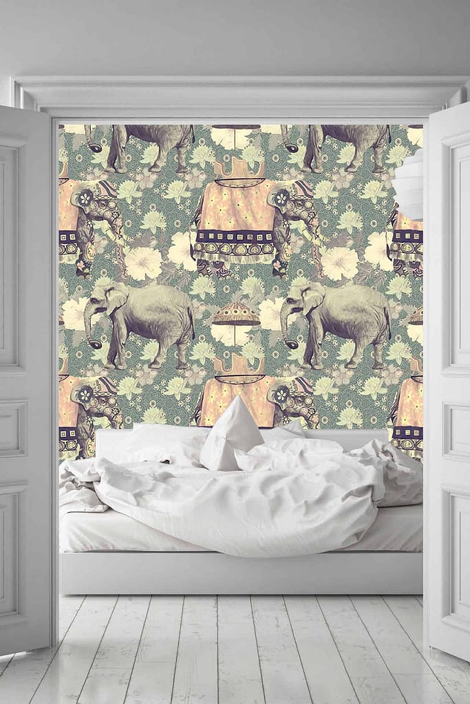 Whimsical, vintage-style wallpaper featuring elephants, ornate carriages, and floral patterns in pastel shades inspired by a Calcutta morning.