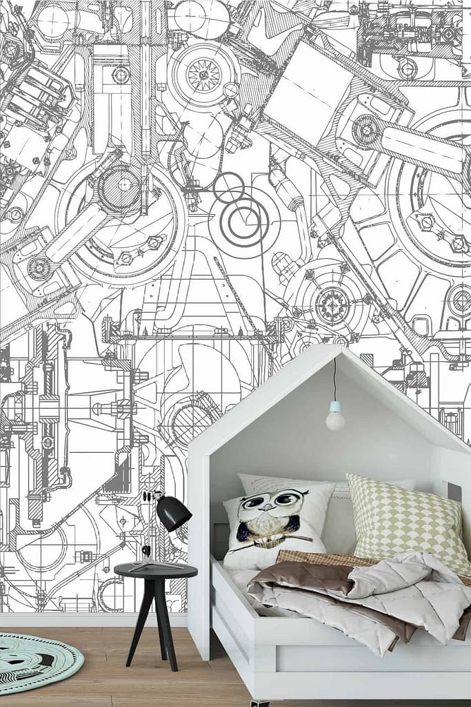 The children's bedroom features a monochrome line-drawing wallpaper adorned with intricate mechanical designs and cogs. The wallpaper boasts detailed elements such as gears, bolts, wheels, and levers, all meticulously outlined in black against a white background. These mechanical illustrations create an engaging and imaginative backdrop for the room. The use of simple, clean lines highlights the precision of each component within the design.