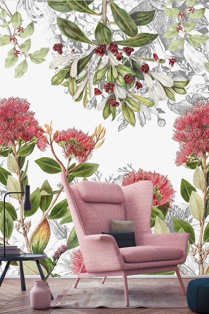 Botanical wallpaper with vibrant red flowers and lush green leaves.
