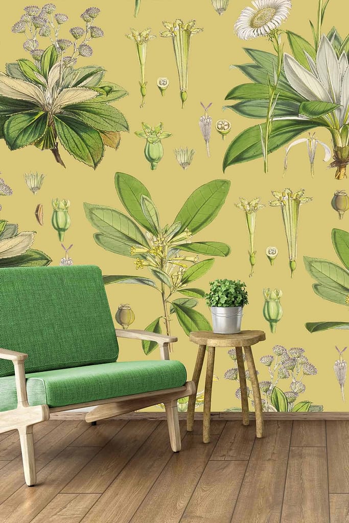 The wallpaper features a yellow background with botanical designs. It showcases various green plants and flowers. Elements include lush leaves, blooming flowers, vines, and stems in shades of green and other natural colors.