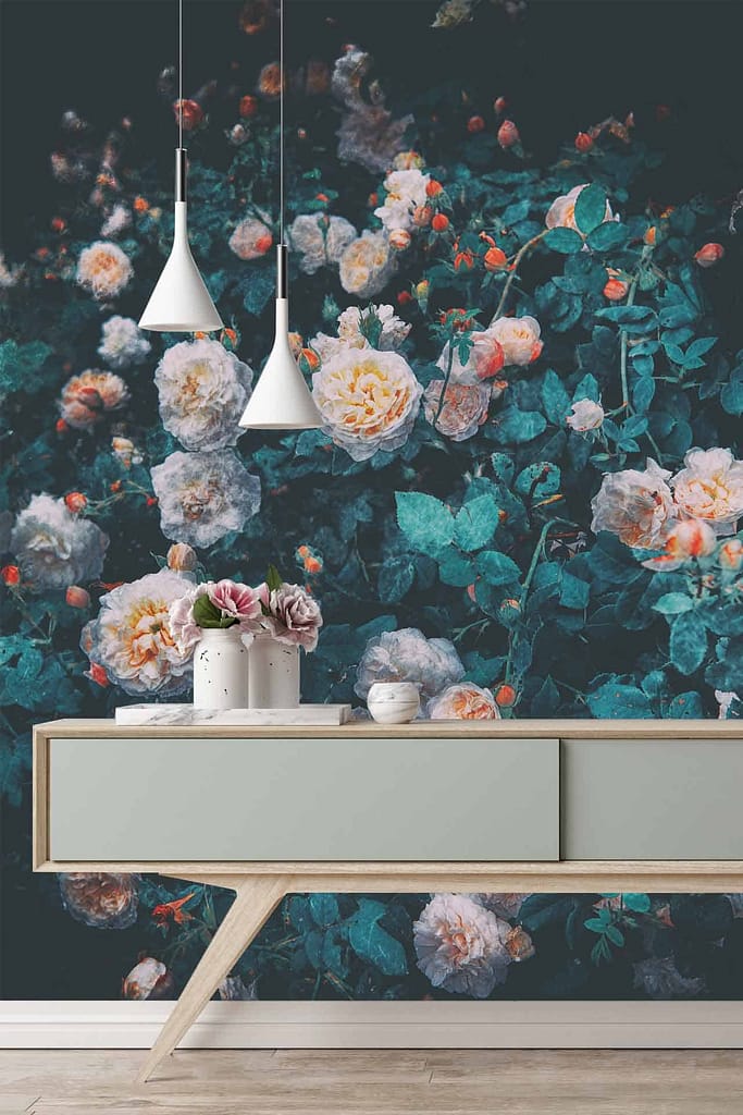 Vibrant floral mural with white and pink roses, reminiscent of a blooming Company Garden.