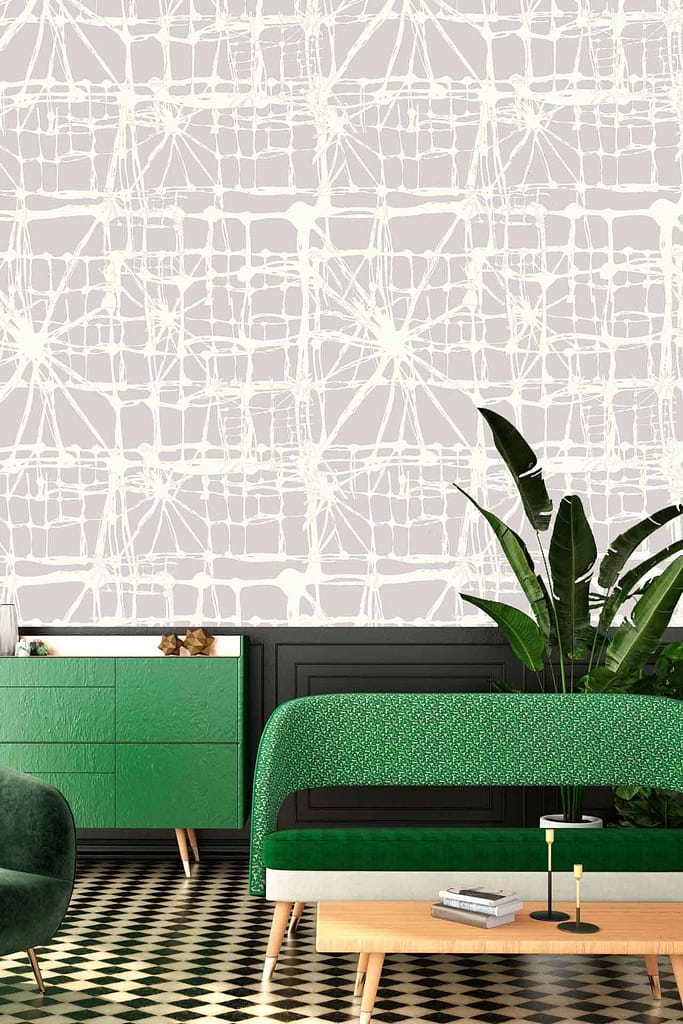 The modern living room's wallpaper features a geometric pattern with light grey and white shades.