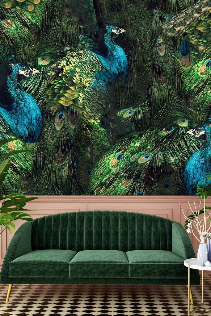 A vibrant peacock feather mural wallpaper in the living room features rich hues of emerald green, royal blue, and shimmering gold accents. This intricate design adds a touch of courtship elegance to the space.